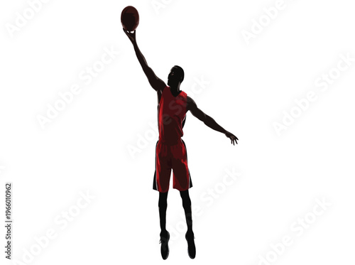  Silhouette of Basketball Player in Red Uniform Jumping for a Layup or Dunk