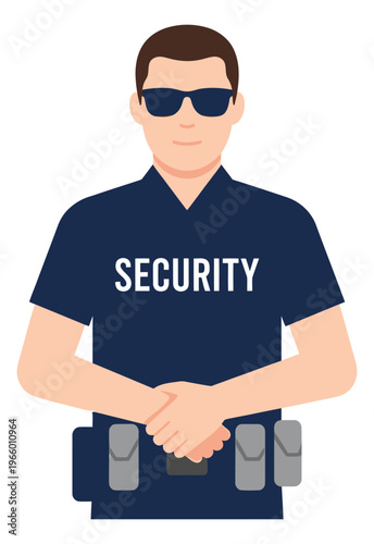 Flat illustration of a security guard depicting a professional officer in uniform with sunglasses for safety and protection design