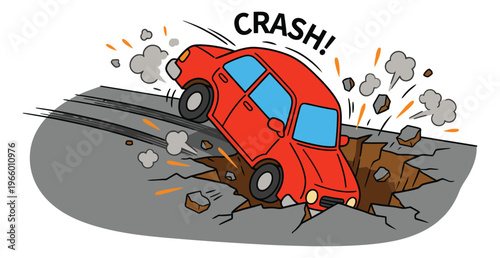 Cartoon illustration of red car crashing into road sinkhole depicting accident and road damage for transportation and safety design