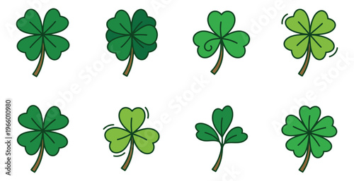 Cartoon icon set of 8 shamrock and four leaf clover designs featuring lucky botanical symbols for Saint Patricks Day design