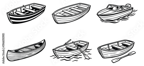 Engraving icon set of 6 wooden boats featuring rowboat, canoe, motorboat and rowing oars for nautical design