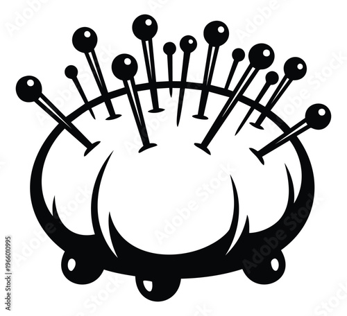 Silhouette illustration of a pincushion depicting sewing pins in a cushion holder for craft and needlework design