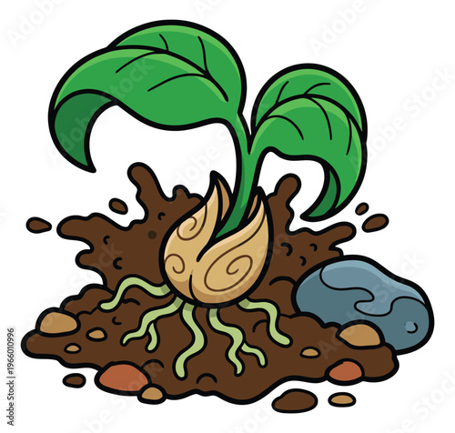 Cartoon illustration of a sprouting seed depicting germination emerging from soil with roots and leaves for nature and gardening design