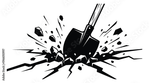 Bold silhouette illustration of shovel striking ground depicting powerful impact and cracking earth for construction and excavation design