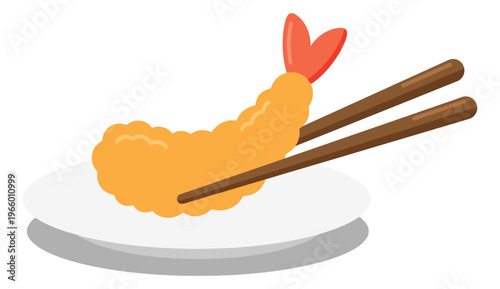 Flat illustration of shrimp tempura depicting crispy fried prawn held by chopsticks on plate for Japanese food design