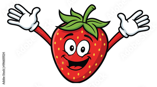 Cartoon illustration of a happy strawberry character depicting a smiling fruit mascot with raised hands for food and kids design
