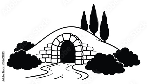 Cartoon illustration of a stone arch bridge depicting a rustic tunnel entrance with cypress trees and bushes for landscape design