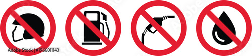 No helmet no fuel prohibition icons illustration set, red ban symbols for safety rules, petrol pump restriction, and fuel hazard warnings.