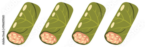 Flat icon set of 4 stuffed cabbage rolls depicting traditional wrapped leaf parcels for food and recipe design