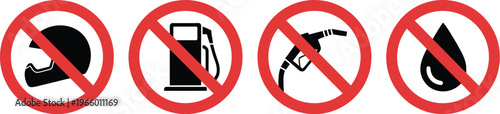 Safety prohibition icons illustration, red ban symbols for no helmet, no petrol pump, and no fuel warnings for hazard prevention.