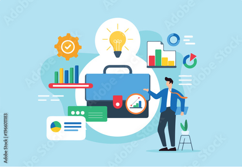 Business case development, creating compelling proposals, justifying investments and analysis projects concept vector illustration. Analyst with briefcase presenting graphs and charts