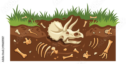 Cartoon illustration of triceratops fossil skeleton buried underground depicting dinosaur excavation for paleontology and education design