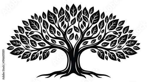Silhouette illustration of a large leafy tree depicting sprawling branches and exposed roots for nature and family heritage design