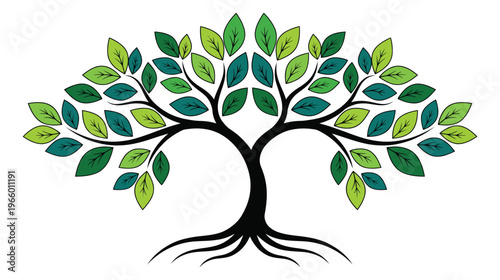 Flat illustration of a decorative tree depicting spreading branches with colorful green and teal leaves for nature and ecology design