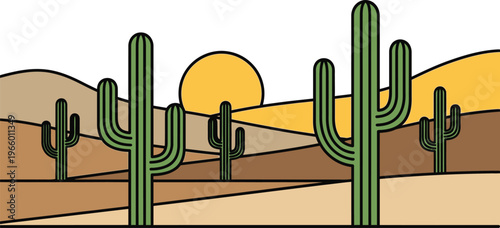 A desert landscape featuring silhouetted cacti under a setting sun Vector
