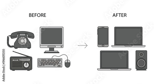 A visual comparison depicting technological evolution from older devices to modern counterparts presented as a silhouette high quality professional detailed elegant