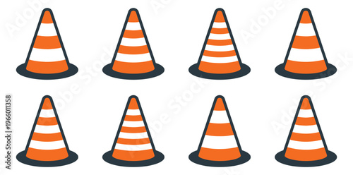 Flat icon set of 8 traffic cones featuring orange striped safety markers for construction and road design