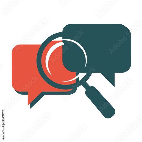 Magnifying glass placed over speech bubbles symbolizes research and analysis of.