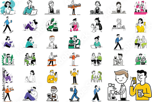People engage with technology, coffee, and conversations in a cheerful vector illustration collection showcasing various daily routines and work-life balance.