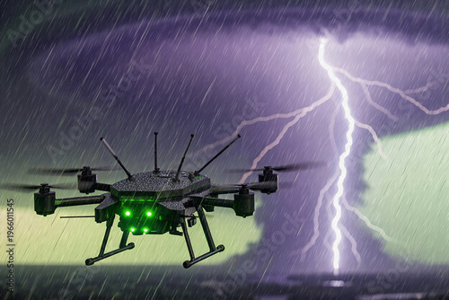 A storm-chaser drone braves a torrential downpour, its green lights piercing the gloom. A massive supercell looms as a bright bolt of lightning cracks across the sky. Meteorology technology concept