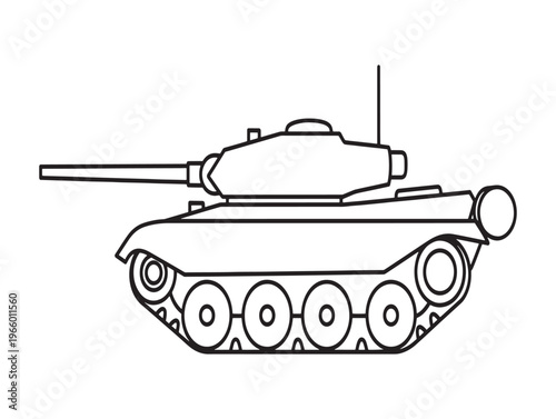 A black and white line drawing of a military tank with a long gun and treads