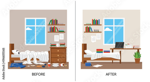 A visual comparison of a messy bedroom before and a tidy bedroom after showcasing a stark transformation silhouette high quality professional