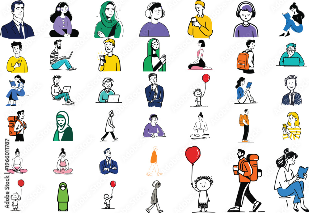Fototapeta premium A diverse collection of engaging vector illustrations showcasing people engaged in various daily activities and modern lifestyles, perfect for a wide range of graphic design projects.