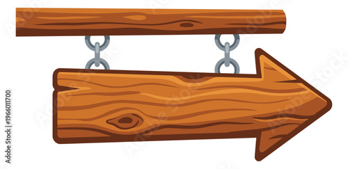 Cartoon illustration of a wooden arrow sign depicting a directional pointer hanging from chains for navigation and signage design