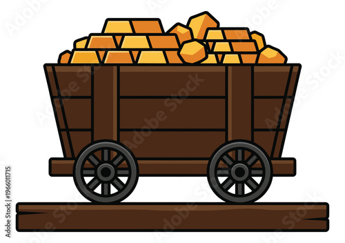 Cartoon illustration of a wooden mine cart depicting gold bars and nuggets on railroad tracks for treasure and adventure design