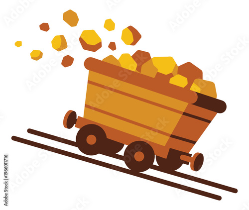 Flat illustration of a mine cart overflowing with gold nuggets depicting treasure transport on rails for adventure and game design