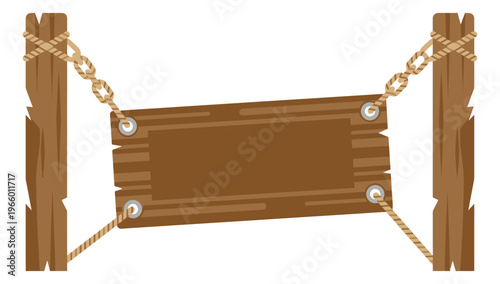 Cartoon illustration of a wooden hanging sign depicting a blank plank board suspended by ropes between two posts for rustic and western design