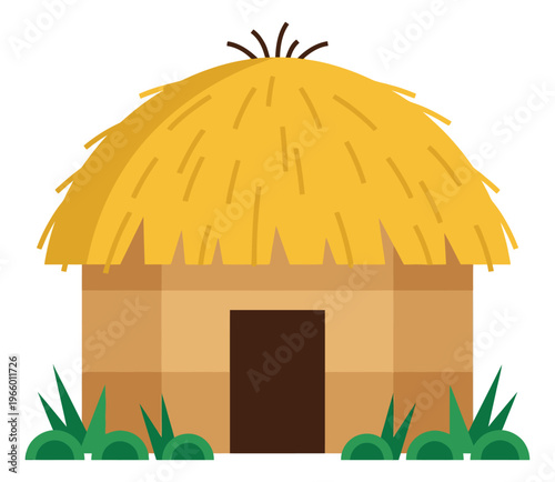 Flat illustration of a thatched hut depicting a traditional African dwelling with grass roof and mud walls for cultural and travel design