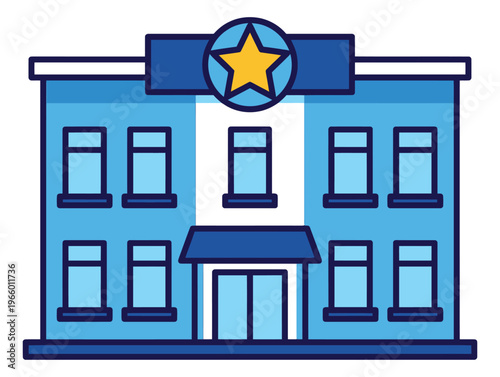 Cartoon illustration of a police station building depicting a two story facade with star badge emblem for law enforcement design