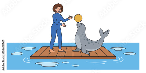 Cartoon illustration of a seal trainer depicting animal performance on a wooden platform for zoo and aquarium design