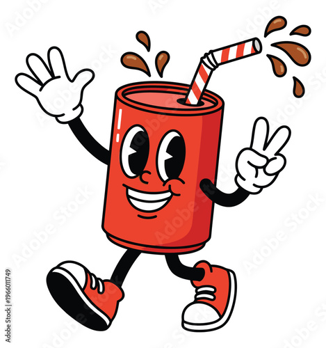 Cartoon illustration of a smiling soda can character depicting a walking retro mascot for beverage and food brand design