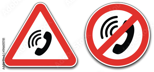 No phone call symbols illustration, prohibition pictograms for restricted talking areas, safety compliance, and quiet zone signage.