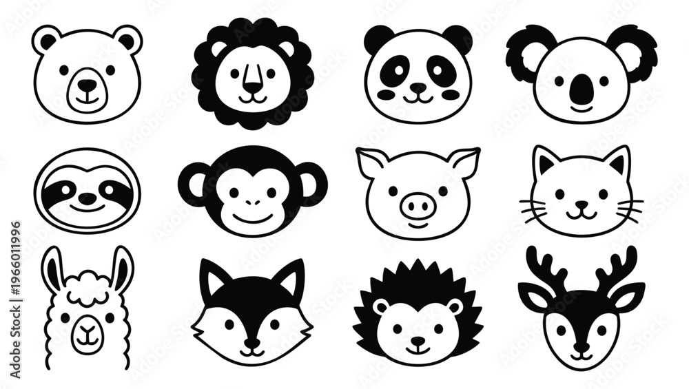 Naklejka premium Cartoon icon set of 12 cute wild and domestic animal faces featuring bear, lion, panda and fox for children design
