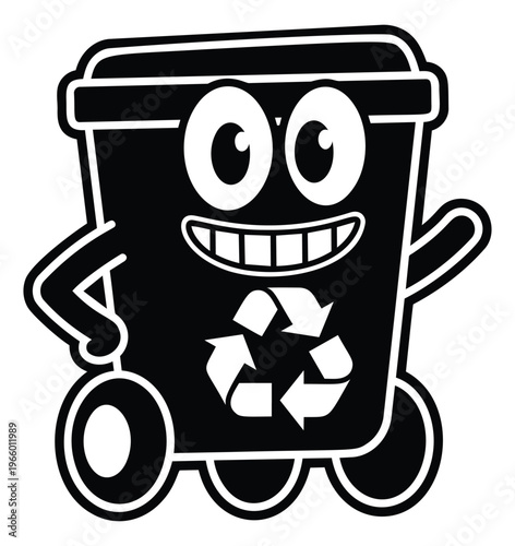 Cartoon illustration of a smiling recycling bin character depicting an anthropomorphic mascot for environmental and waste management design