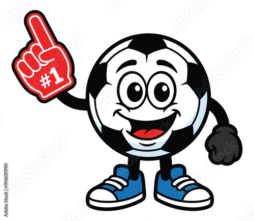 Cartoon illustration of a soccer ball mascot depicting a cheerful character wearing a number one foam finger and sneakers for sports design