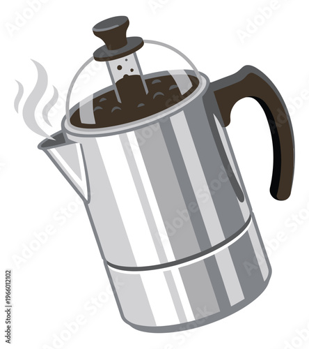 Cartoon illustration of a stovetop moka pot depicting hot steaming coffee brewing for cafe and kitchen design