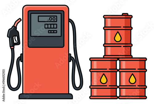 Cartoon illustration of gas station pump and oil barrels depicting fuel and petroleum supply for energy industry design