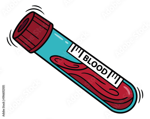 Cartoon illustration of a blood sample test tube depicting a shaking vial with label for medical and healthcare design