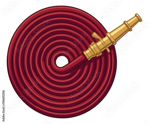 Cartoon illustration of a coiled red fire hose depicting a neatly rolled emergency water supply with brass nozzle for firefighting and safety design