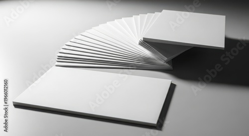 Stack of blank white business cards on a gray surface for branding