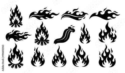 Hand drawn flame silhouette vector set with burning fire shapes and campfire elements isolated on white