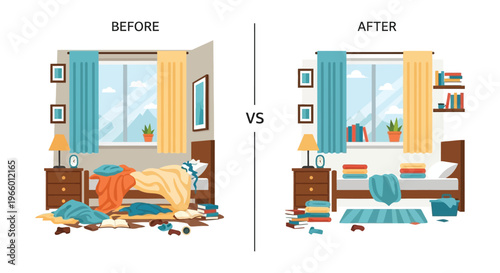 A visual comparison of a messy and organized bedroom highlighting the impact of tidiness silhouette high quality professional detailed modern elegant