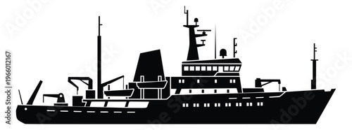 Silhouette illustration of a research vessel depicting a large ocean ship with antennas and deck equipment for maritime design