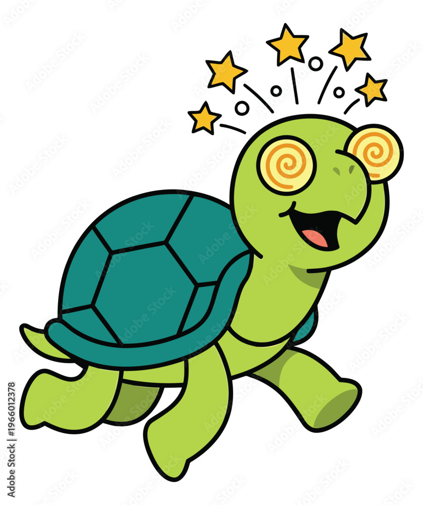 Obraz premium Cartoon illustration of a dizzy turtle depicting a spinning eyed character with stars for children and fun design
