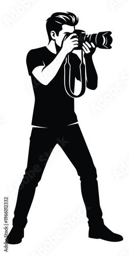 Silhouette illustration of male photographer depicting standing pose with camera for media and photography design