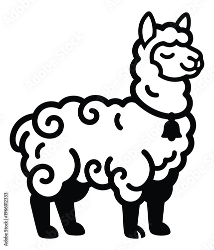 Cartoon illustration of a fluffy alpaca depicting a cute standing animal with curly wool and bell collar for farm and pet design